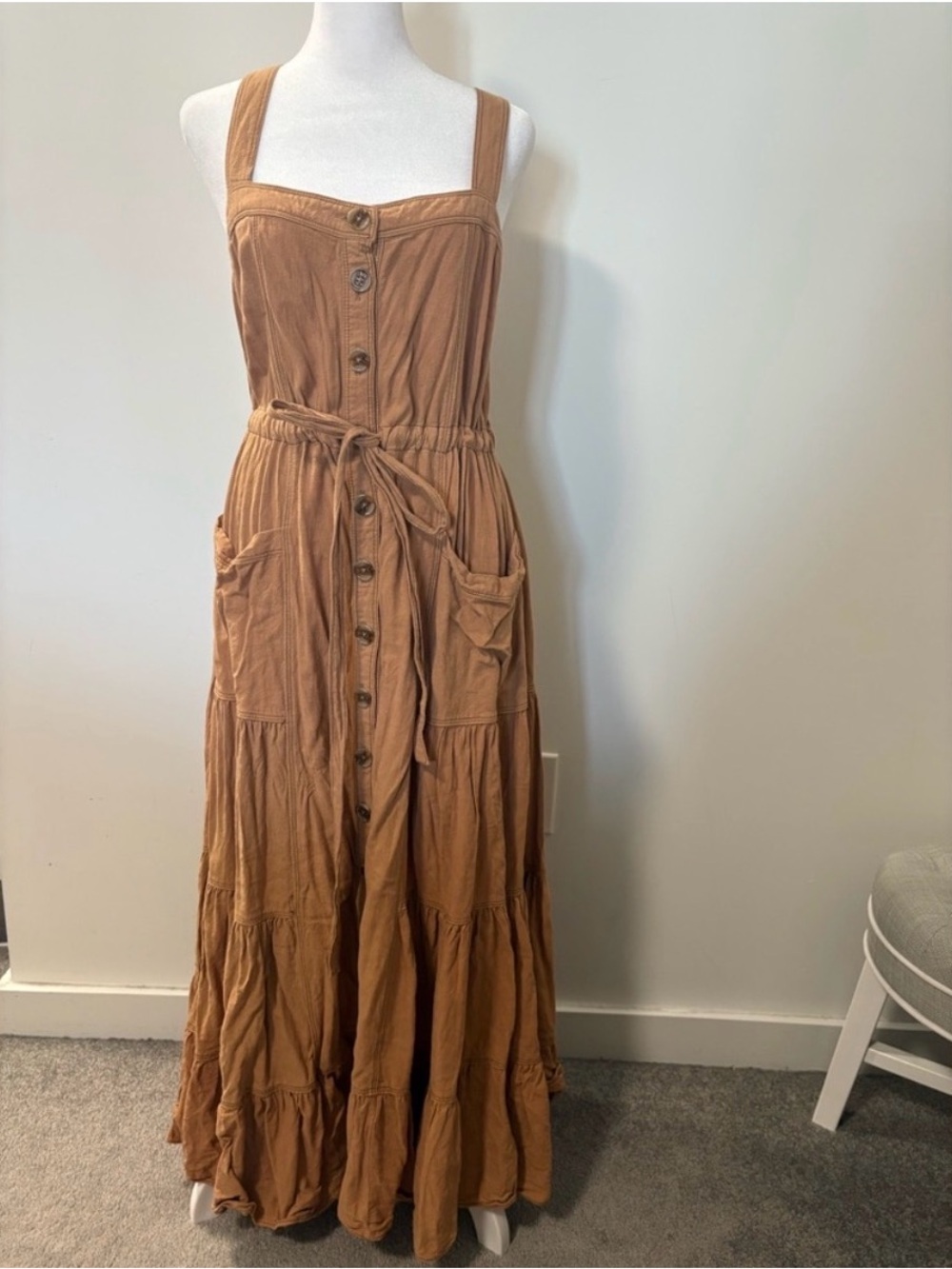 Free People Catch The Breeze Woven Linen-Blend Button-Down Tan Maxi Dress S - Picture 6 of 13